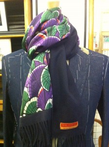 Navy cashmere with purple and green clam printed silk.